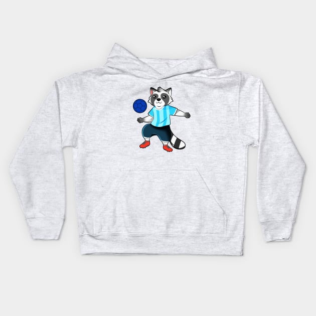 Cartoon raccoon playing soccer Kids Hoodie by Modern Medieval Design